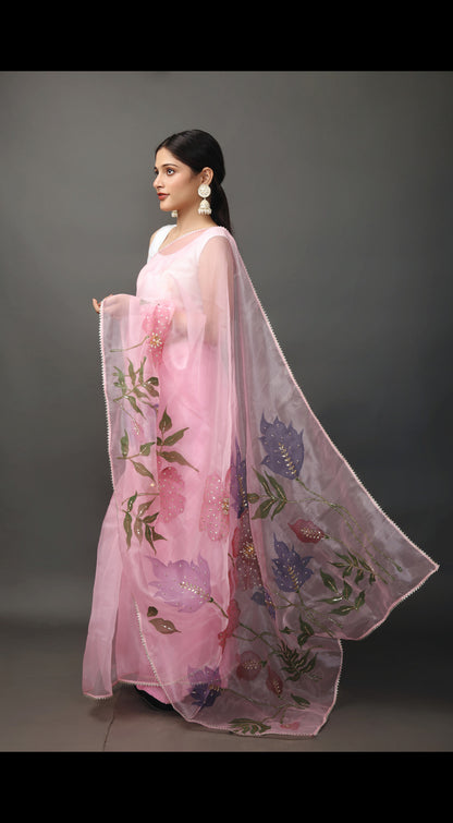 Hand-Painted and Embroidered Pink Organza Saree