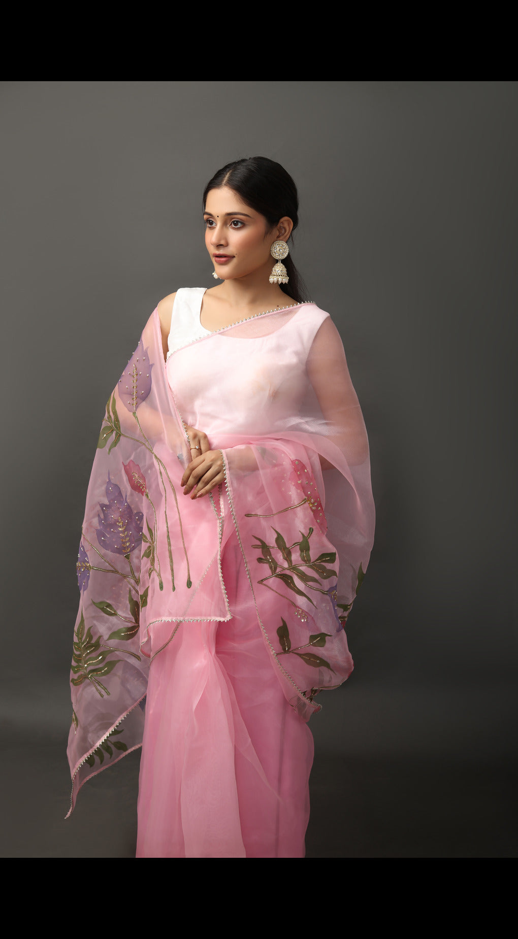 Hand-Painted and Embroidered Pink Organza Saree