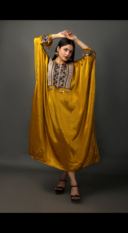 Hand-Woven Mahru Silk Kaftan with Ajrakh Embroidery