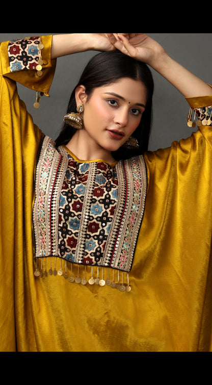 Hand-Woven Mahru Silk Kaftan with Ajrakh Embroidery