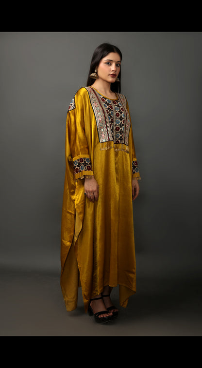 Hand-Woven Mahru Silk Kaftan with Ajrakh Embroidery