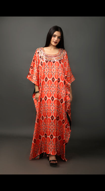 Digital Printed Kaftan with Hand Embroidered Neckline