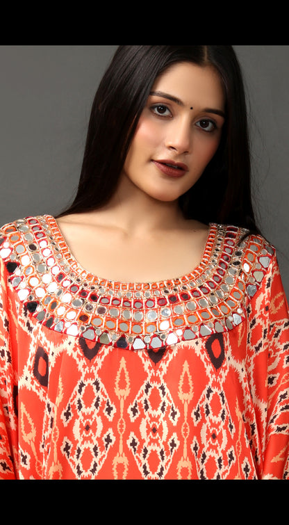 Digital Printed Kaftan with Hand Embroidered Neckline