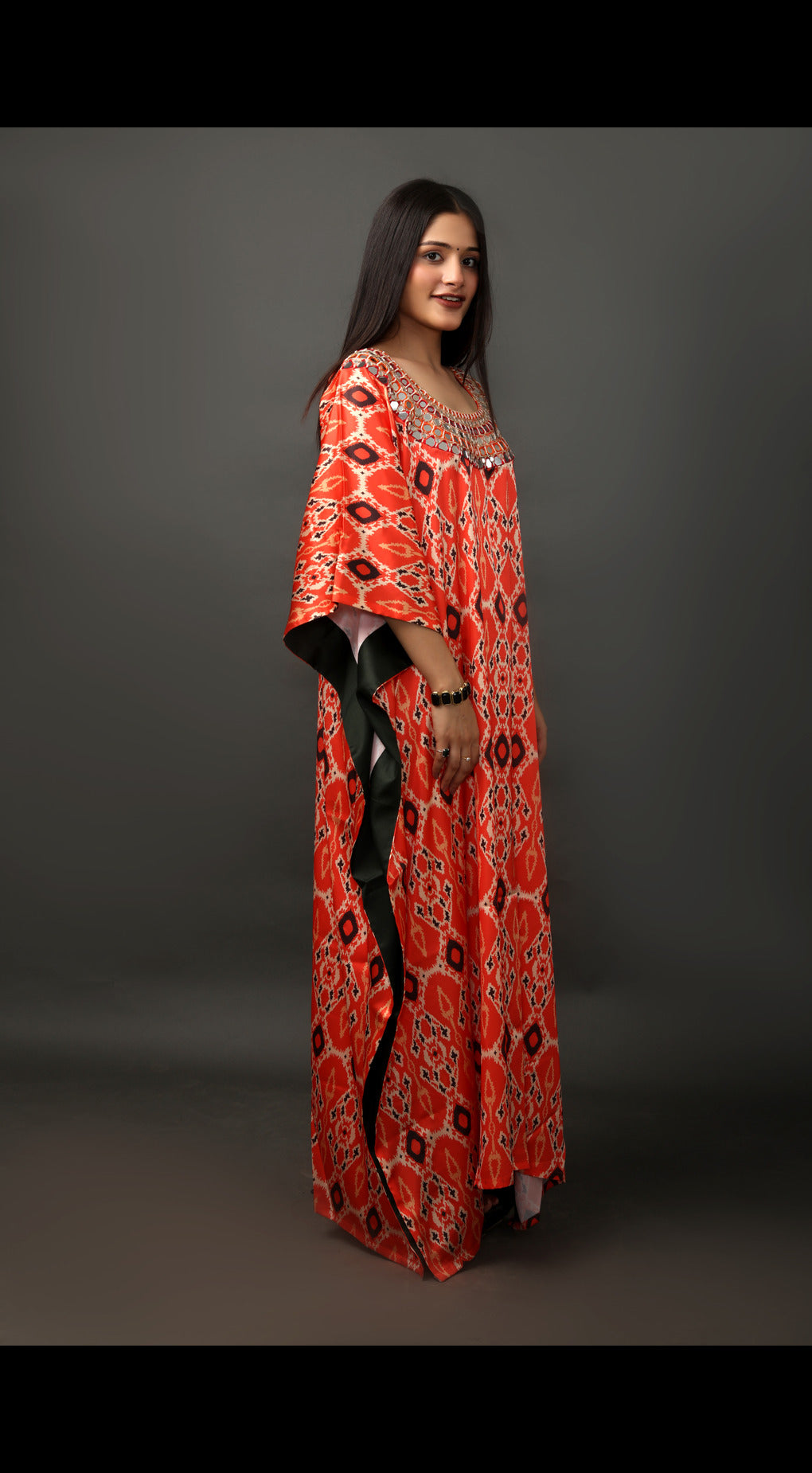 Digital Printed Kaftan with Hand Embroidered Neckline