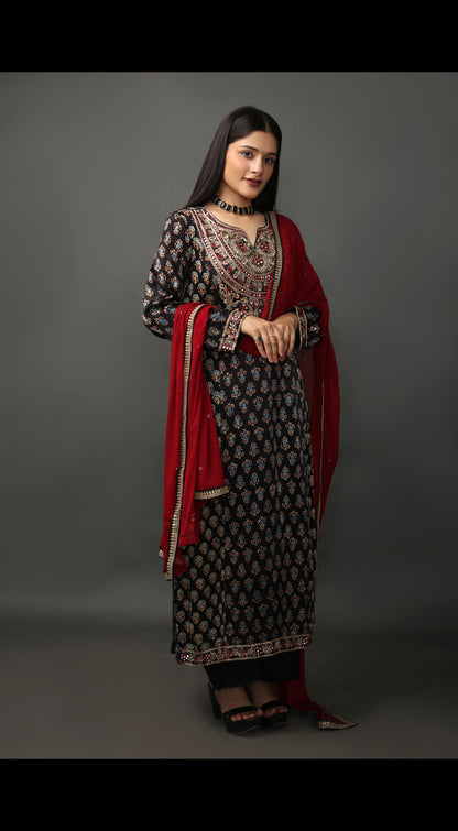 Ajrakh Print Hand Embroidered Suit Set with Dupatta