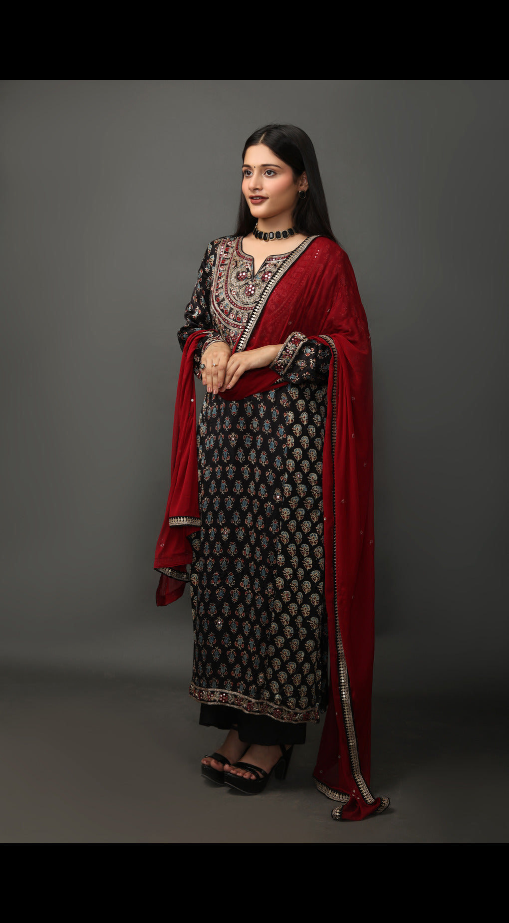 Ajrakh Print Hand Embroidered Suit Set with Dupatta