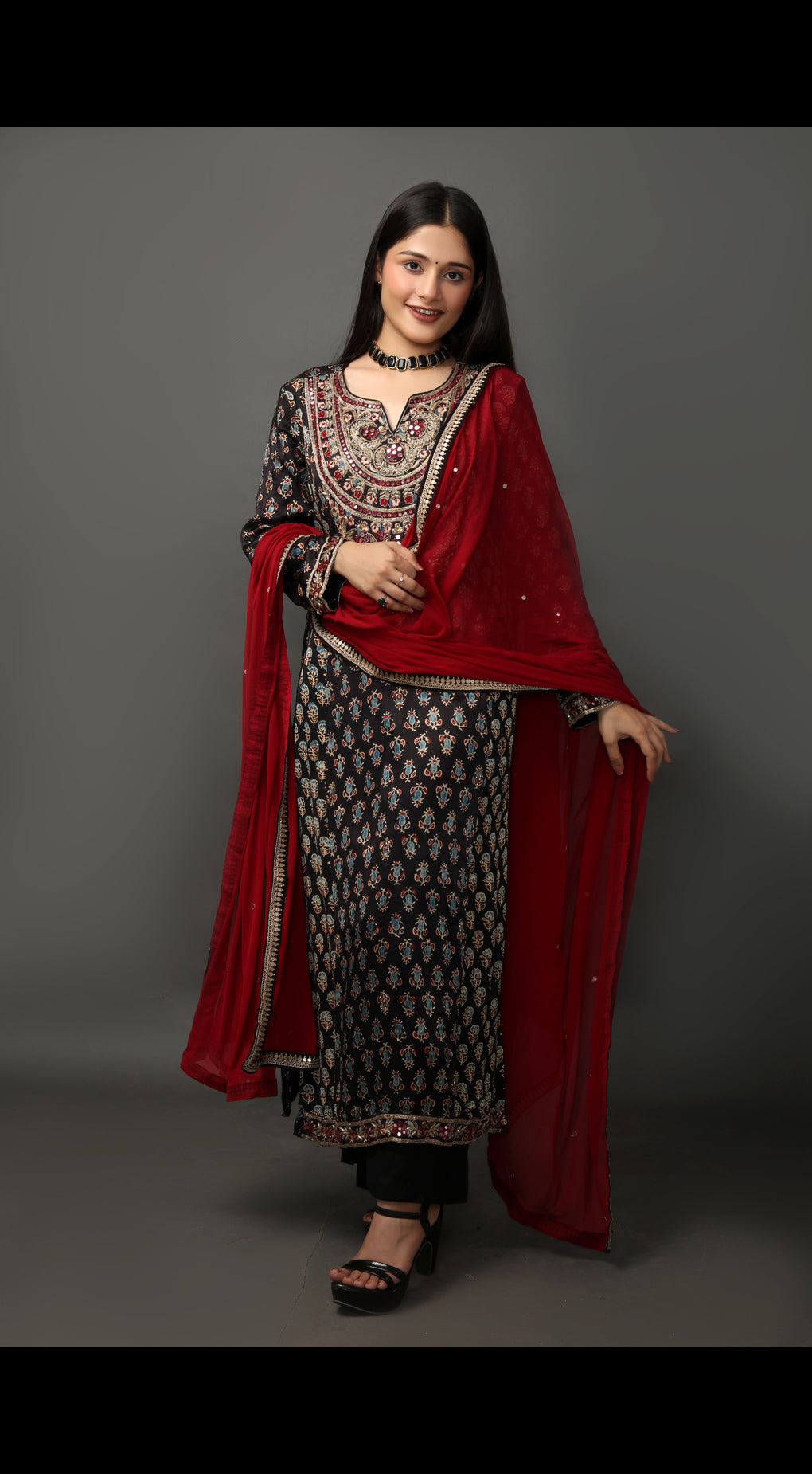 Ajrakh Print Hand Embroidered Suit Set with Dupatta