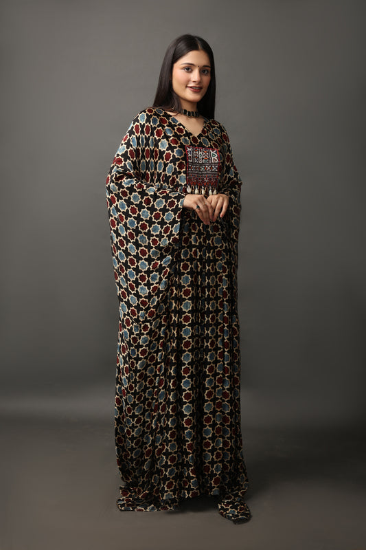 Ajrakh Printed Kaftan with Kutchi Embroidery