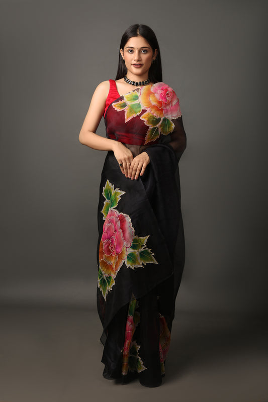 Black Silk Organza Saree with Hand-Painted Floral Design