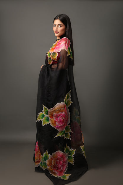 Black Silk Organza Saree with Hand-Painted Floral Design