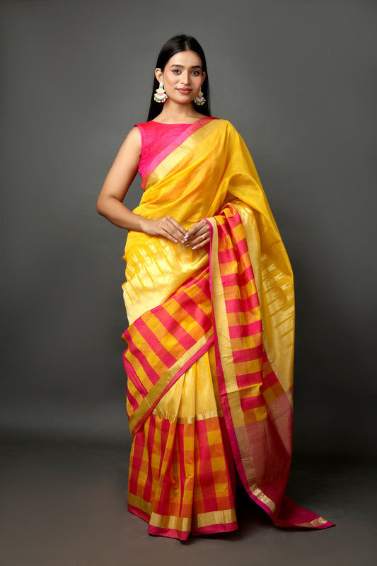 Yellow & Fuchsia Banarasi Chanderi Saree with Handwoven Blouse Piece.