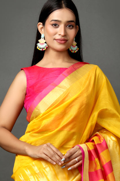 Yellow & Fuchsia Banarasi Chanderi Saree with Handwoven Blouse Piece.