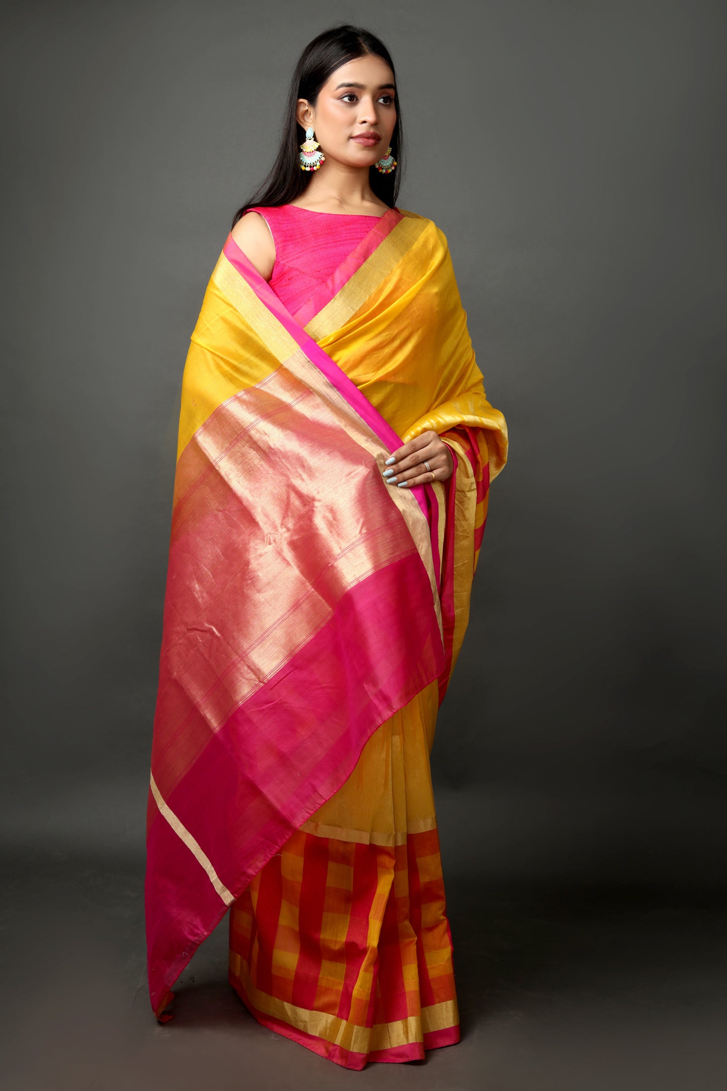 Yellow & Fuchsia Banarasi Chanderi Saree with Handwoven Blouse Piece.