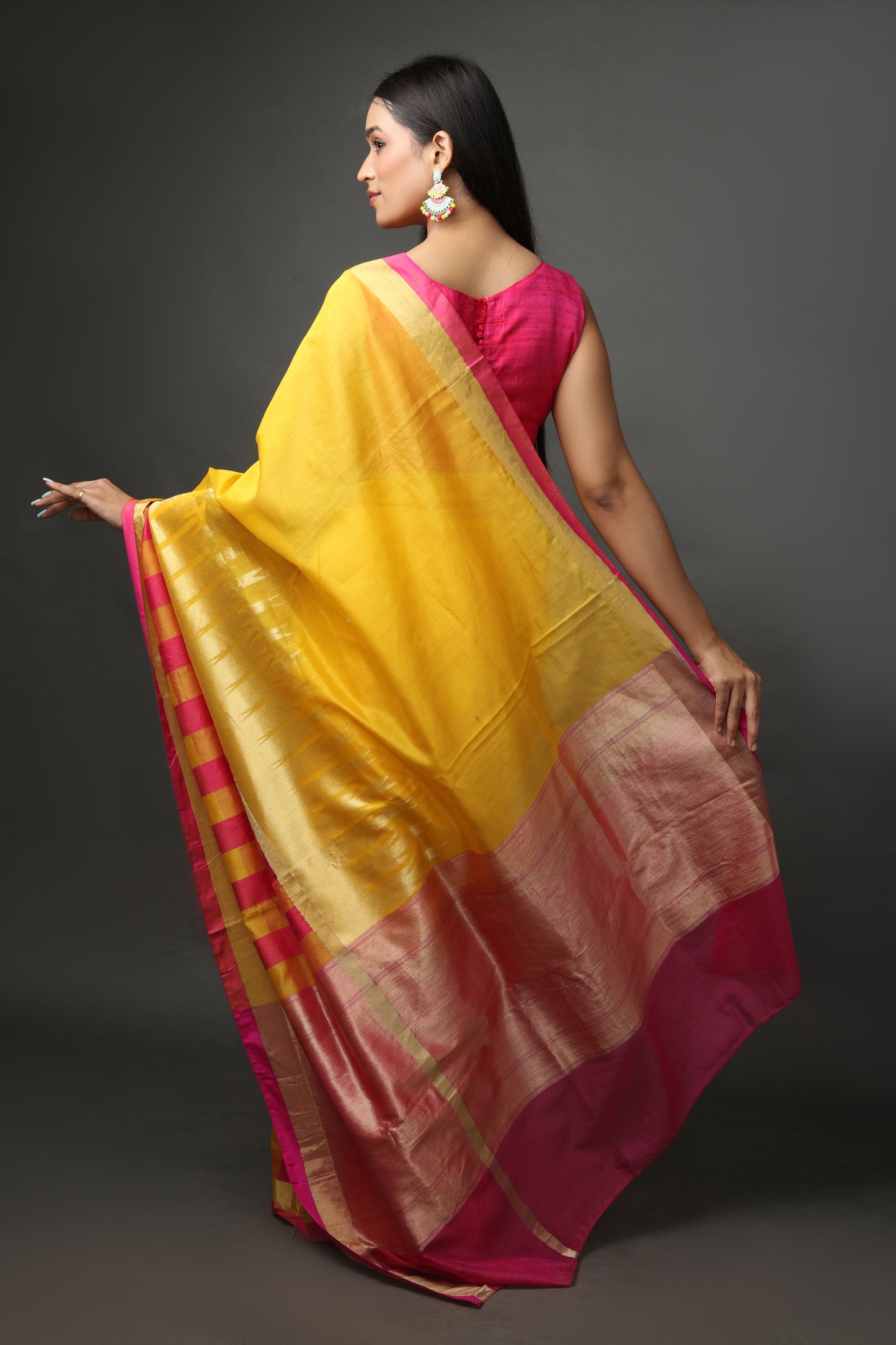 Yellow & Fuchsia Banarasi Chanderi Saree with Handwoven Blouse Piece.