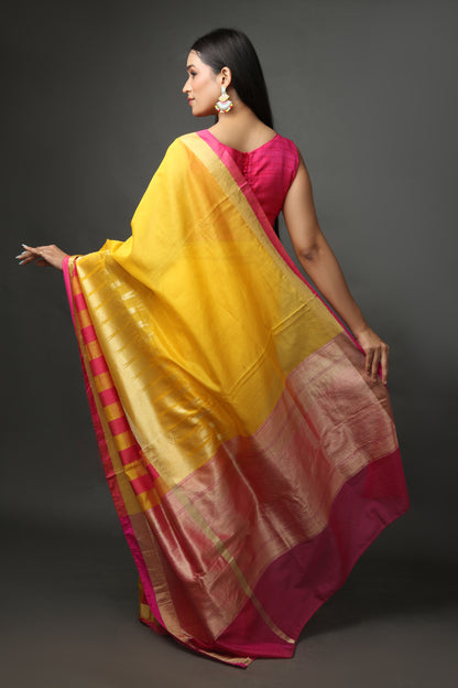 Yellow & Fuchsia Banarasi Chanderi Saree with Handwoven Blouse Piece.