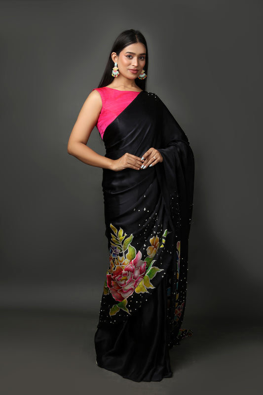 Hand-Painted Silk Satin Saree with Bead Embroidery