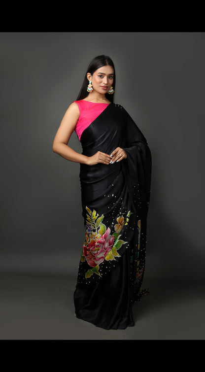 Hand-Painted Floral Saree with Embroidered Bead Details