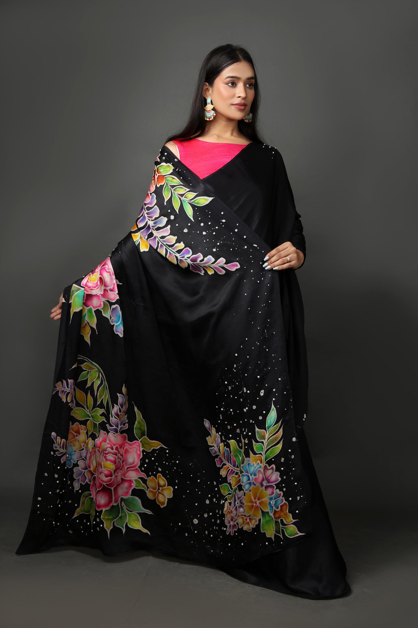 Hand-Painted Silk Satin Saree with Bead Embroidery