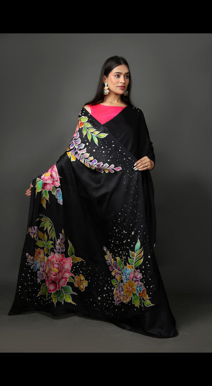 Hand-Painted Floral Saree with Embroidered Bead Details