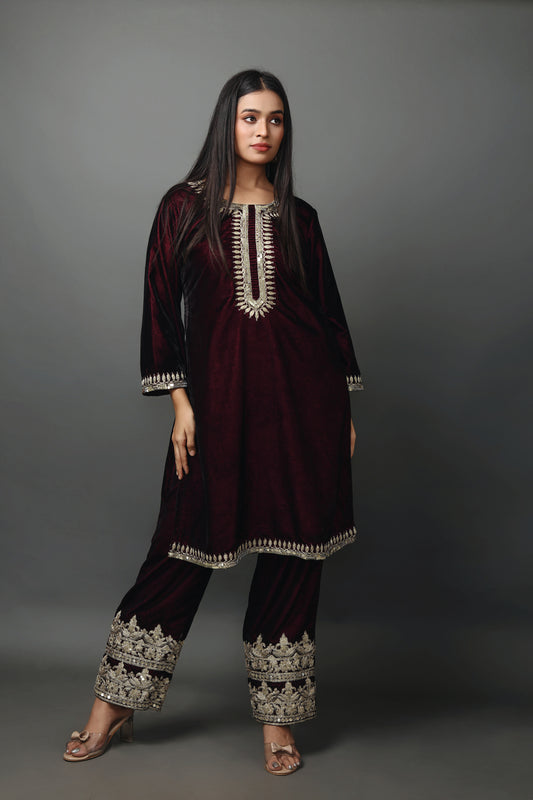 Regal Velvet Kurta Set with Hand Embroidered Dori Work