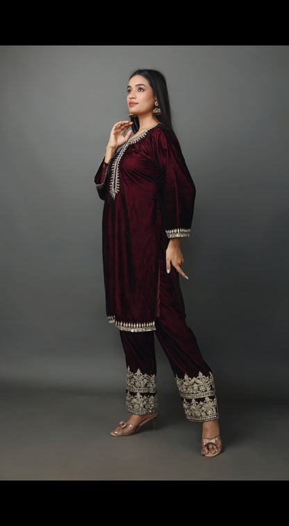 Velvet Kurta Set with Dori and Hand Embroidery