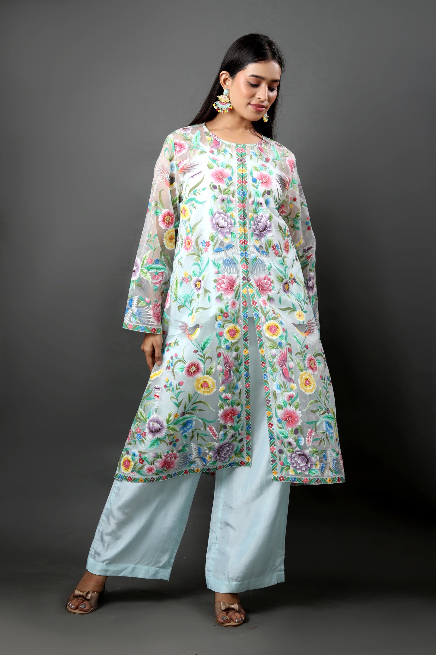 Sea Green Organza & Silk Jacket Set with Hand-Painted Parsi Gara Motifs.