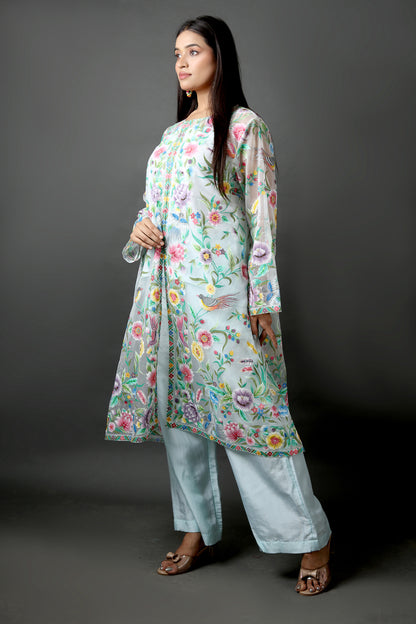 Sea Green Organza & Silk Jacket Set with Hand-Painted Parsi Gara Motifs.