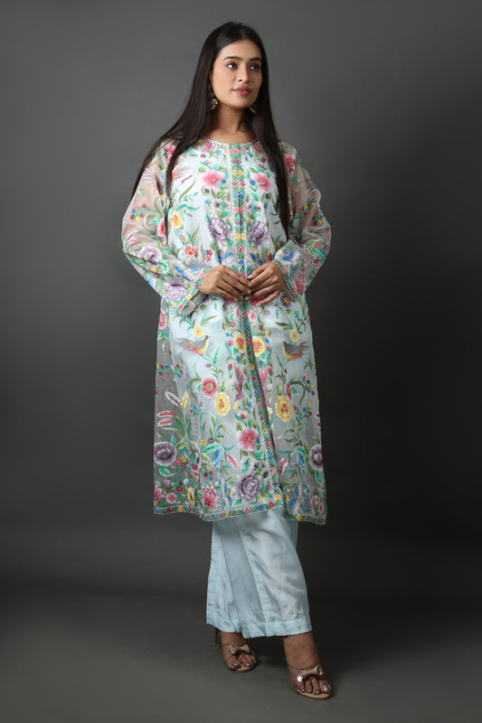 Sea Green Organza & Silk Jacket Set with Hand-Painted Parsi Gara Motifs.