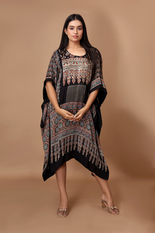 Modal Silk Ajrakh Kaftan with Hand Embroidery