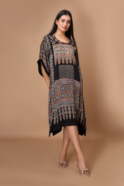 Modal Silk Ajrakh Kaftan with Hand Embroidery