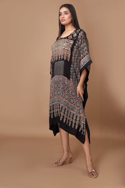 Modal Silk Ajrakh Kaftan with Hand Embroidery