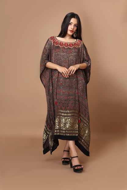 Modal Silk Hand-Block Printed Ajrakh Kaftan with Hand Embroidery