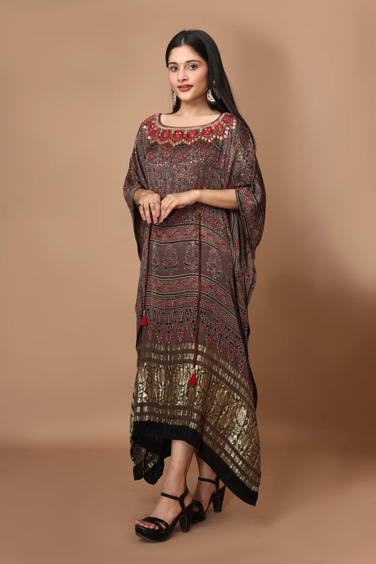 Modal Silk Hand-Block Printed Ajrakh Kaftan with Hand Embroidery