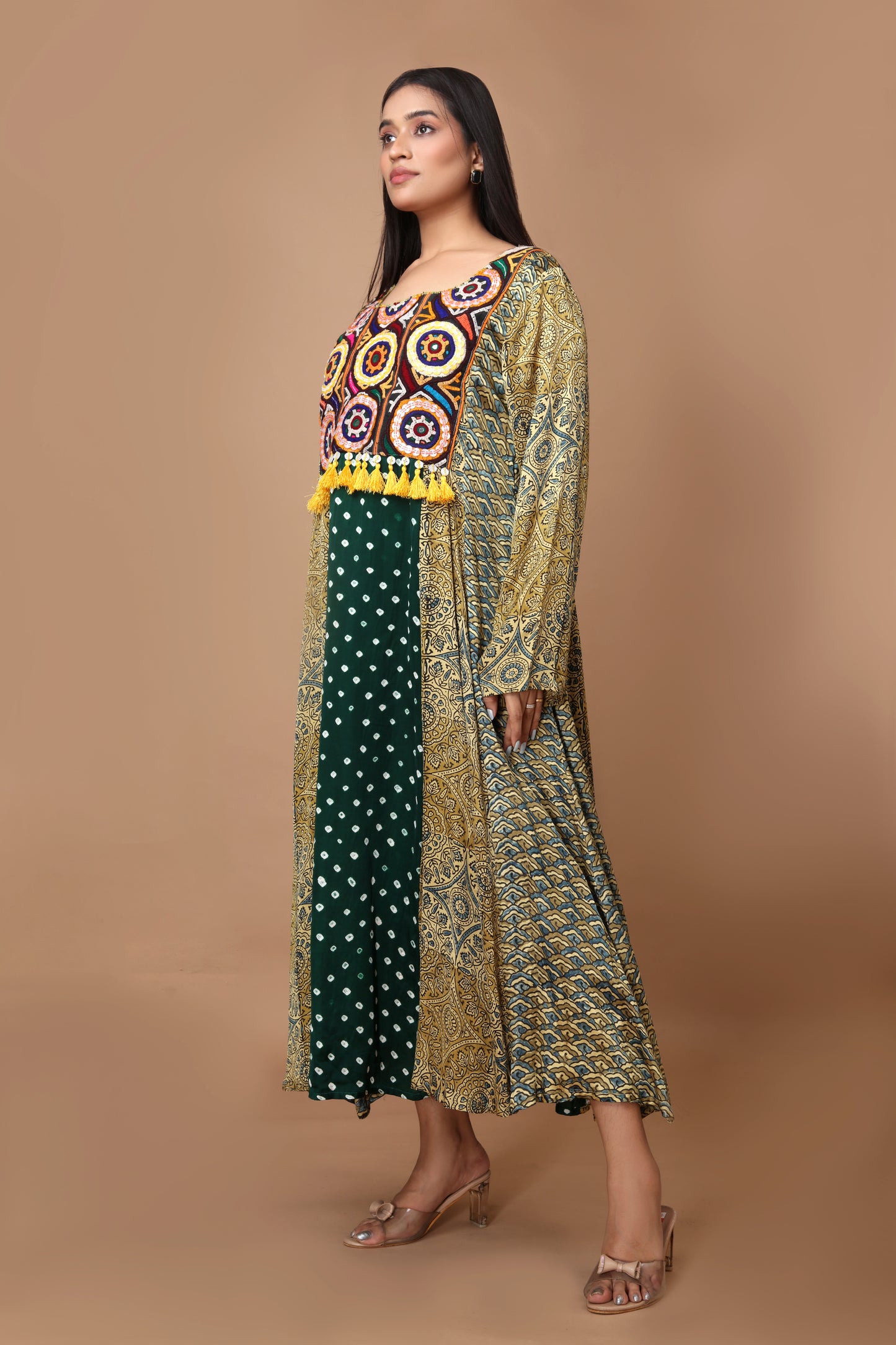 Green Modal Silk with Ajrakh, Bandhani & Katchi Embroidery