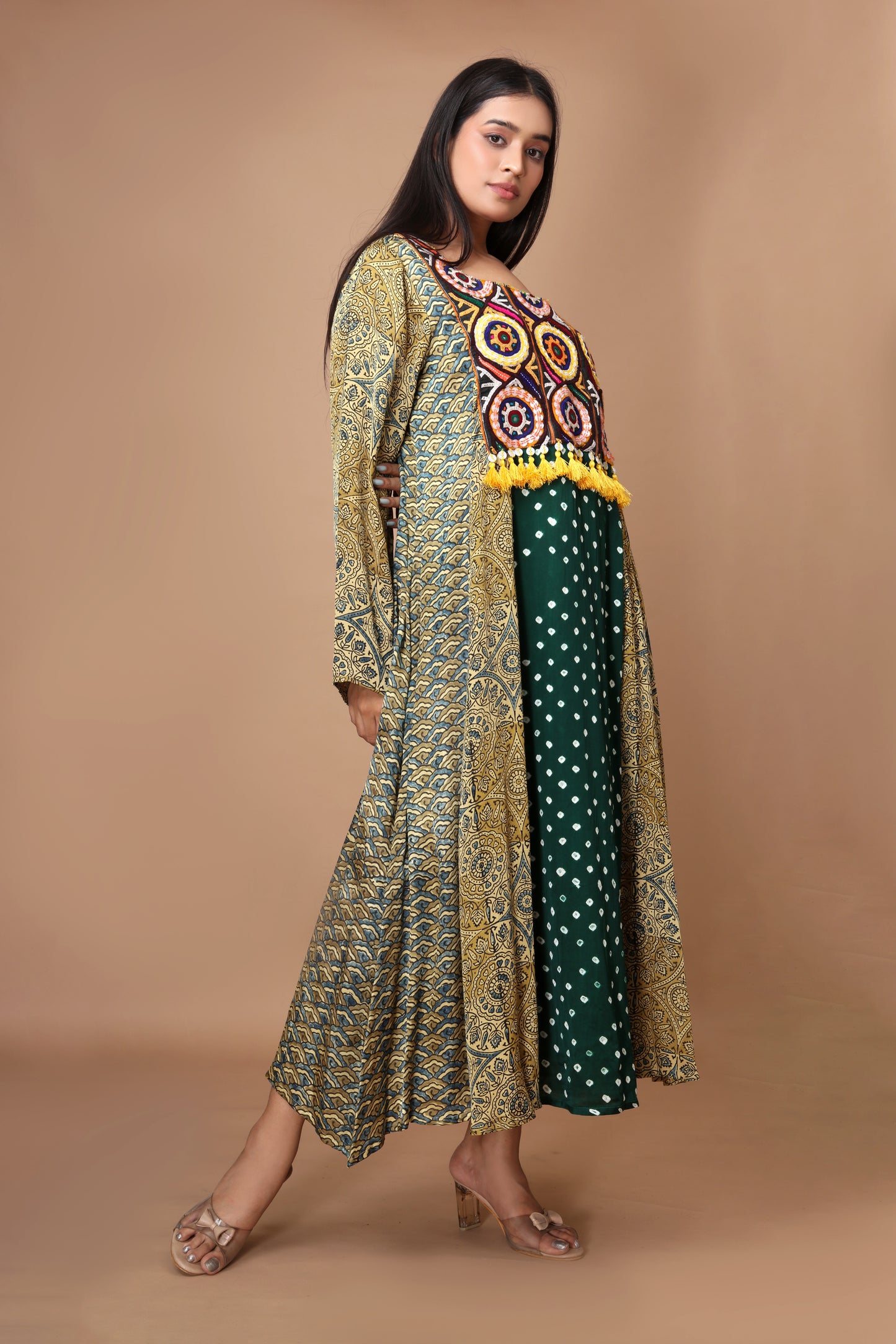 Green Modal Silk with Ajrakh, Bandhani & Katchi Embroidery