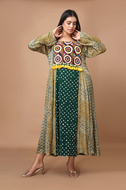 Green Modal Silk with Ajrakh, Bandhani & Kutchi Embroidery