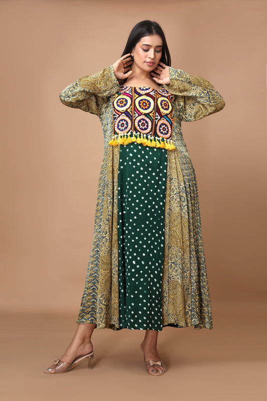 Green Modal Silk with Ajrakh, Bandhani & Katchi Embroidery