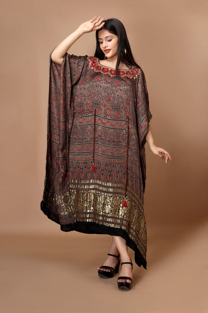 Modal Silk Hand-Block Printed Ajrakh Kaftan with Hand Embroidery