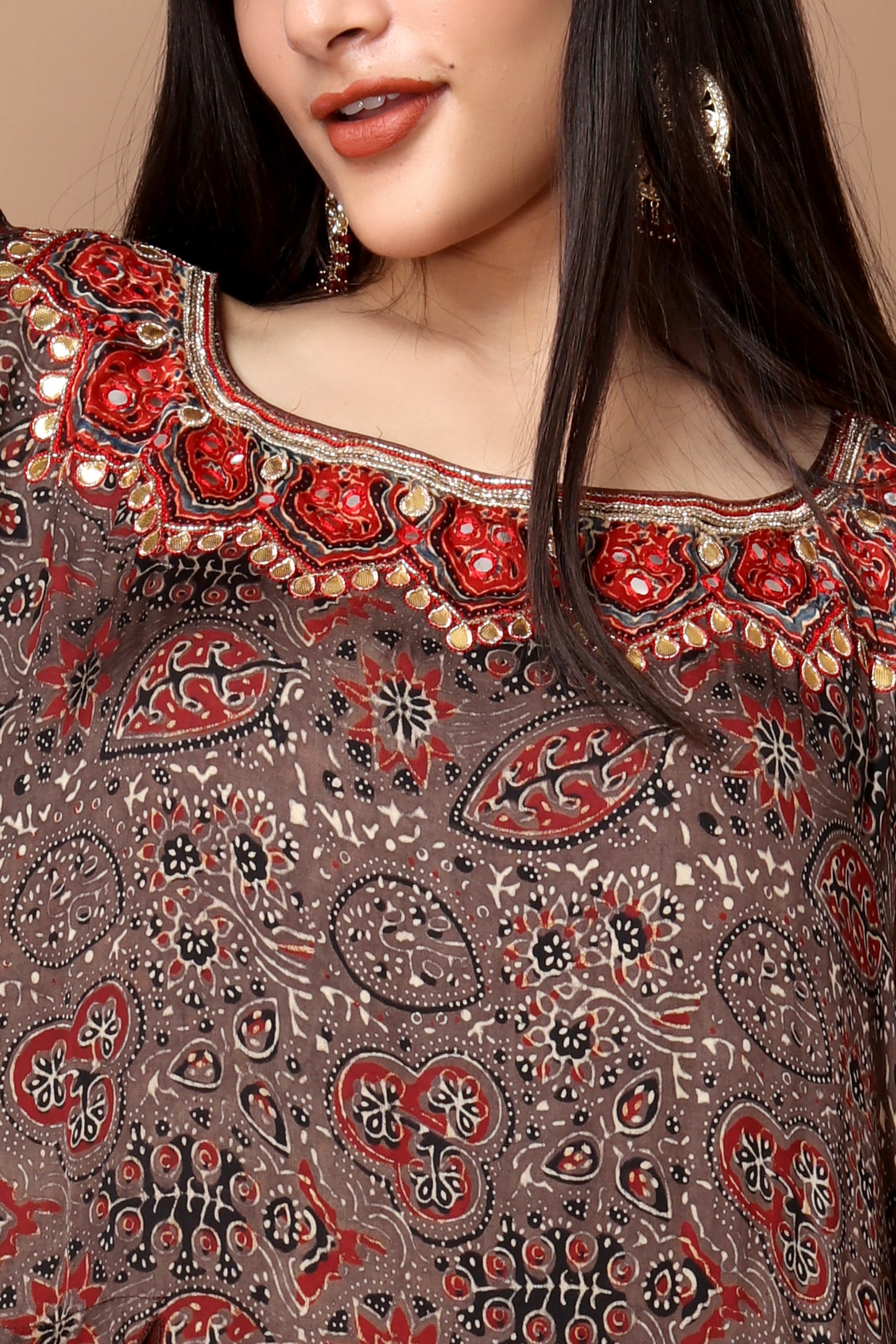 Modal Silk Hand-Block Printed Ajrakh Kaftan with Hand Embroidery