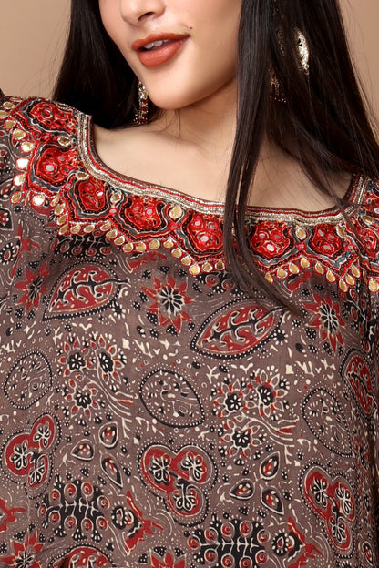 Modal Silk Hand-Block Printed Ajrakh Kaftan with Hand Embroidery