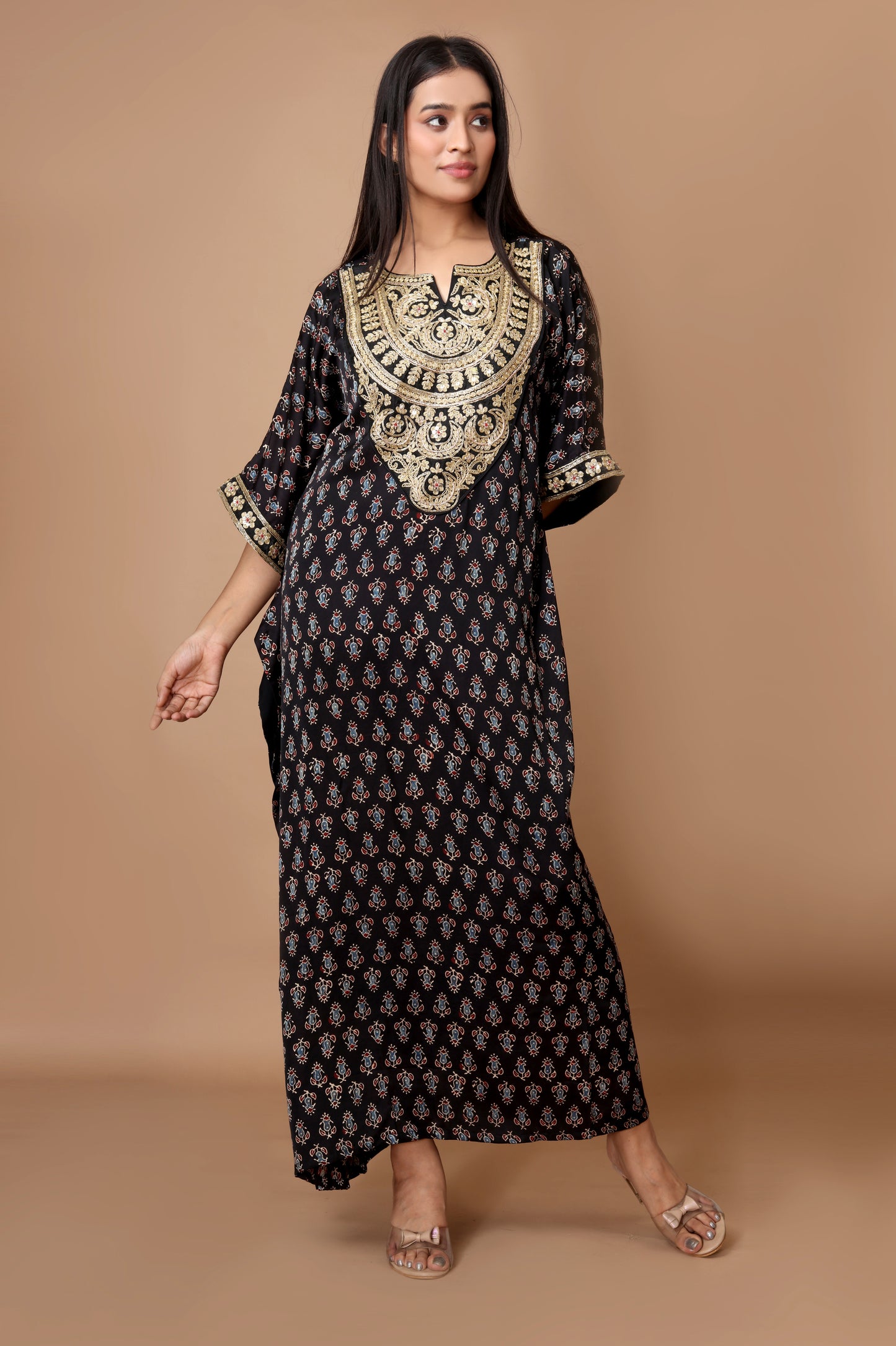 Modal Silk Ajrakh Kaftan with Zari Dori and Sequins Embroidery