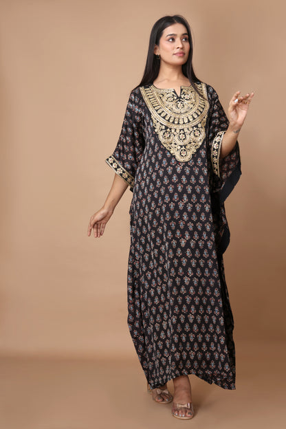 Modal Silk Ajrakh Kaftan with Zari Dori and Sequins Embroidery