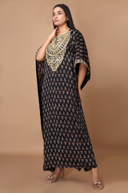 Modal Silk Ajrakh Kaftan with Zari Dori and Sequins Embroidery