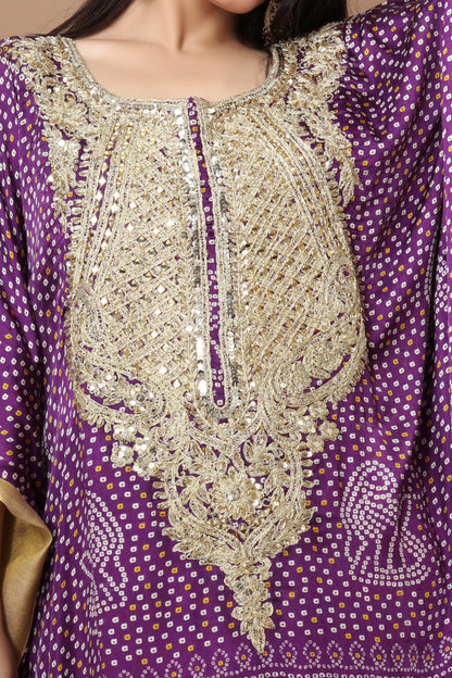 Purple Modal Silk Bandhni Printed Kaftan with Zari Dori & Hand Embroidery