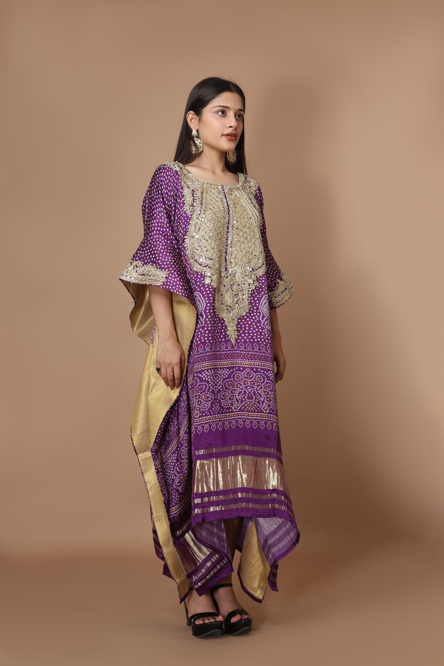 Purple Dola Silk Banarasi Kaftan with Zari Dori & Hand Embroidery