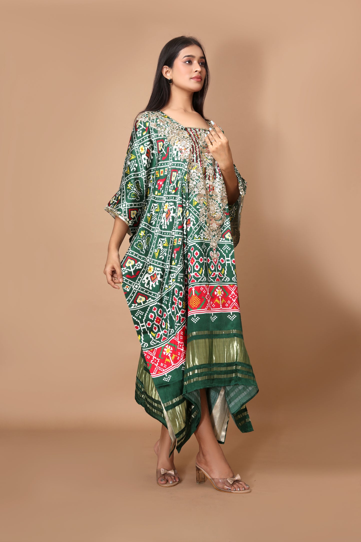 Green Modal Silk Patola Kaftan with Handcrafted Embroidery