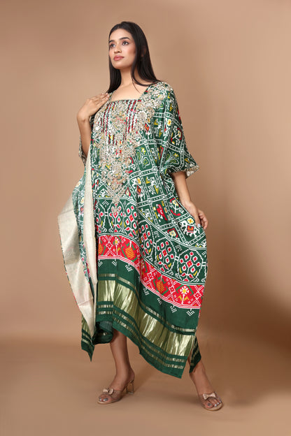 Green Modal Silk Patola Kaftan with Handcrafted Embroidery