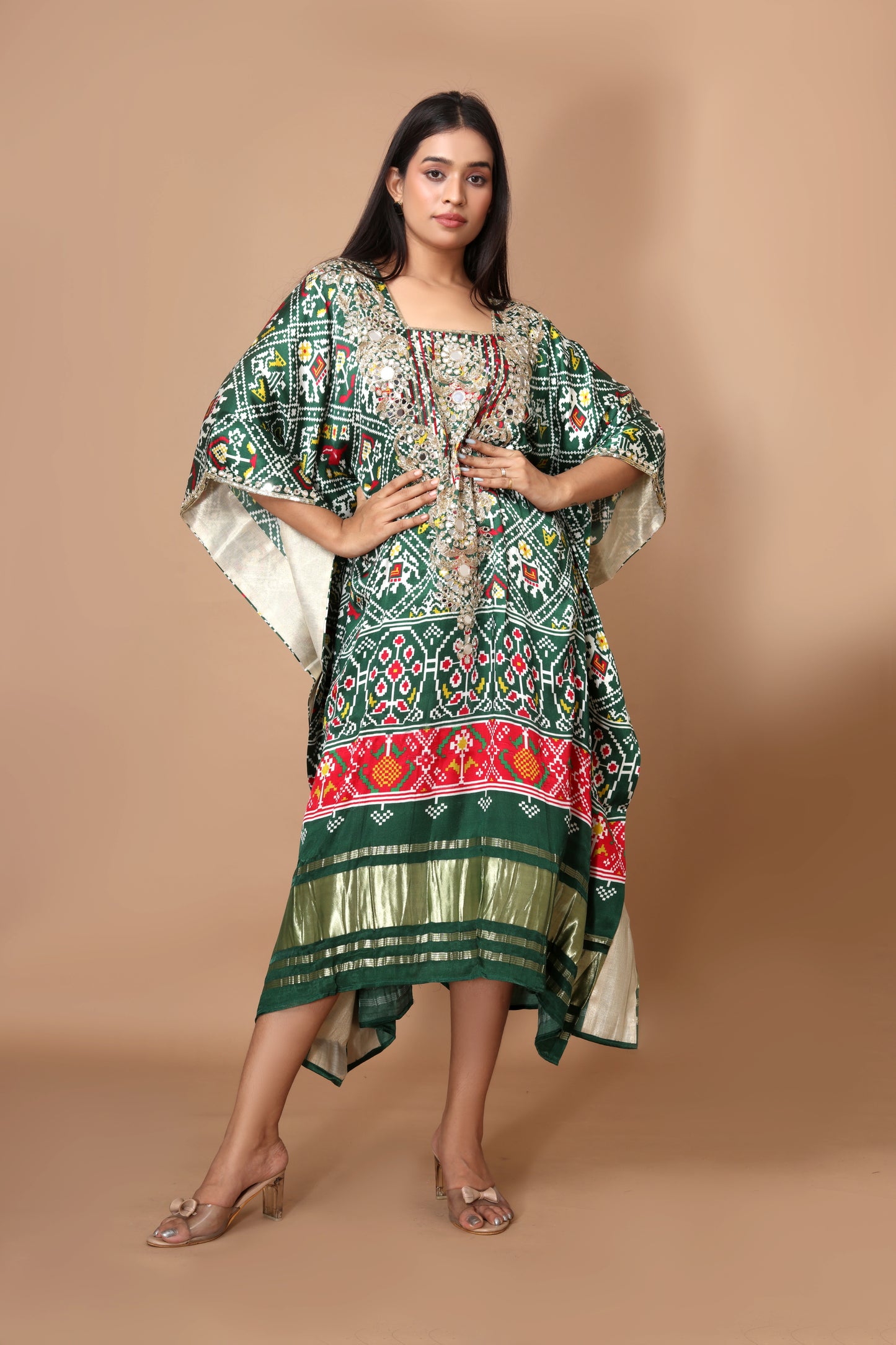 Green Modal Silk Patola Kaftan with Handcrafted Embroidery