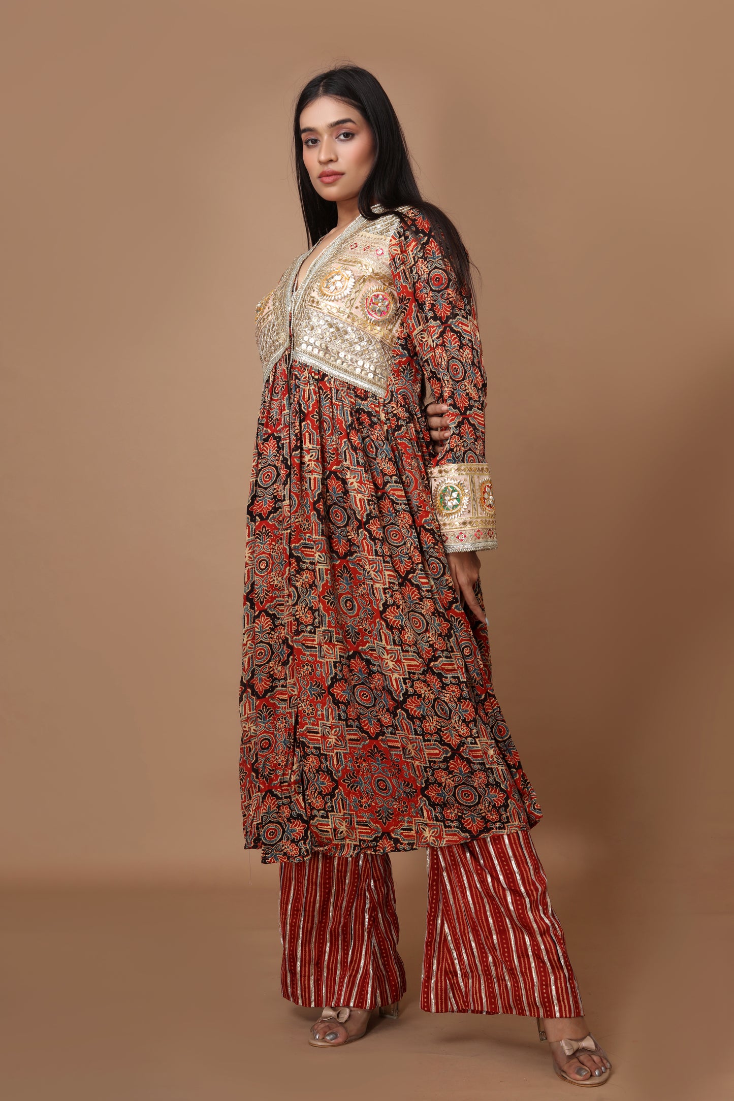 Arbi Red Ajrakh Jacket Set with Hand Embroidered Gota Patti.