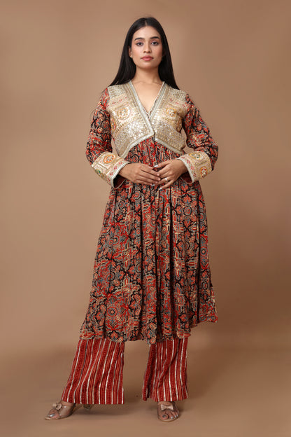 Earthy Red Ajrakh Jacket Set with Hand Embroidered Gota Patti.